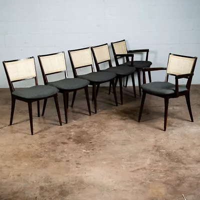 Mid Century Modern Dining Chairs Set Of 6 Grey Captain Cane High Back Dark Wood • $1298.98