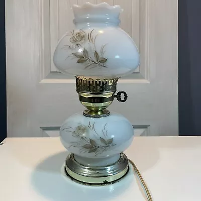 Milk Glass Floral GWTW Hurricane Parlor Brass Table Lamp Vintage 3 Way • $29.79