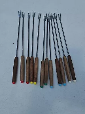 12 Fondue Forks Wood Handles Multi Colored Tip Vintage 10.5 Inch • $9.99