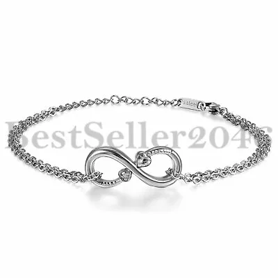 Womens Stainless Steel CZ Double Strand Infinity Figure 8  Love  Heart Bracelet • $8.99