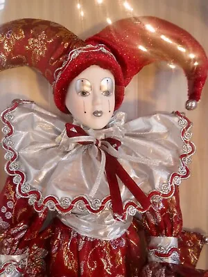 New In Box COLLECTOR'S CHOICE Mardi Gras Hand Painted Porcelain JESTER DOLL 17 T • $35