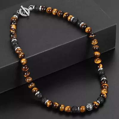 Men's 8mm Natural Tiger Eye Lava Bead Necklace Stainless Steel Toggle 18/20/24  • $9.36