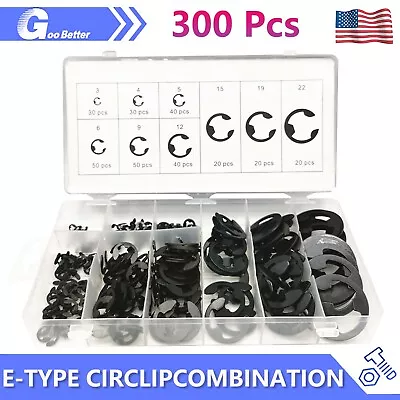 300 Pcs E-Clip Assortment Set Heat Treated High Carbon Circlip Kit 9 SAE Sizes • $15.69