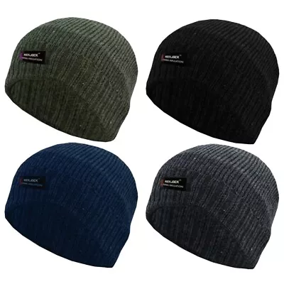 Mens Skull Beanie Hat Knitted Fine Rib Ski Wear Stretch Lined Winter Cap • £4.47