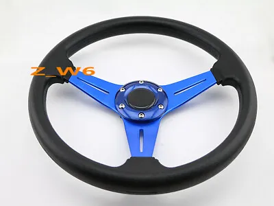 350mm Jdm 6 Bolt Black Pvc Blue Aluminum Racing Steering Wheel & Horn Button • $37.99