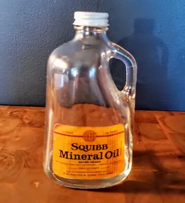 Vintage Squibb Mineral Oil Apothecary Clear Glass Bottle With Label 1 Pint  • $15