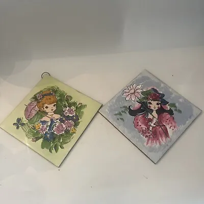 Vintage Ceramic Tile Art Wall Hanging Girls W/ Parasol Flower Japan 6  Pair • $28