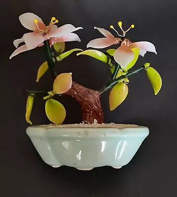 Jade Glass Flowering Cherry Blossom Bonsai Tree Celadon Pot 5.5  VTG Retro Asian • $22.46