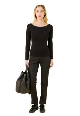 AGNES B. Sz L Long Sleeve Black Cotton Jersey Boatneck T-Shirt BRAND NEW • $49
