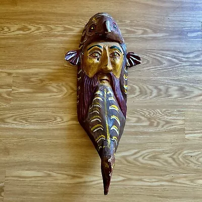 Antique Vtg Mexican Fish Man Ritual Dance Mask Wooden Guerrero Folk Art Painted • $105