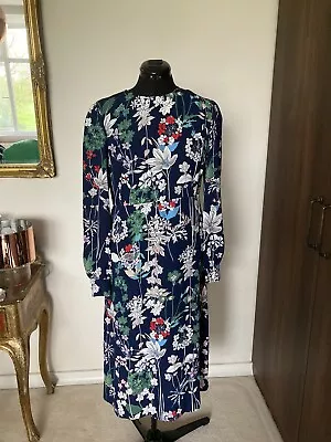 Warehouse Size 14 Navy And Floral Tea Dress Midi Round Neck Long Cuffed Sleeve • £14.99