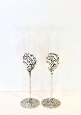 Halloween Skeleton Hand Clear Glass Flutes Silver Metal Stem - Set Of 2 • $48.99