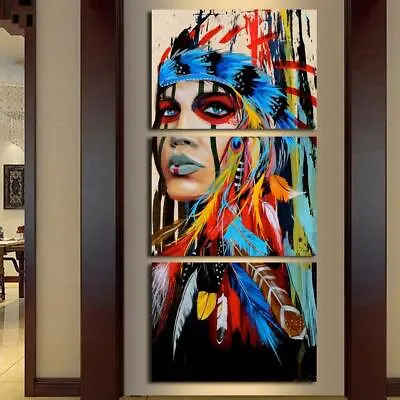 Colorful Native American Indian Girl 3 Piece Canvas Wall Art Picture Decor Paint • $119