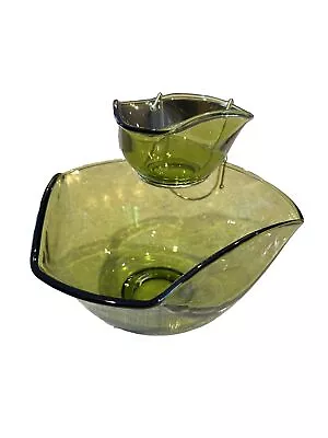 Vintage Anchor Hocking Avocado Green Glass Chip And Dip Scalloped Bowl Set  • $25