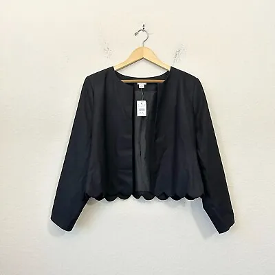NWT J. CREW Factory Linen Blend Scalloped-Hem Jacket Open Front Blazer Black L • $45