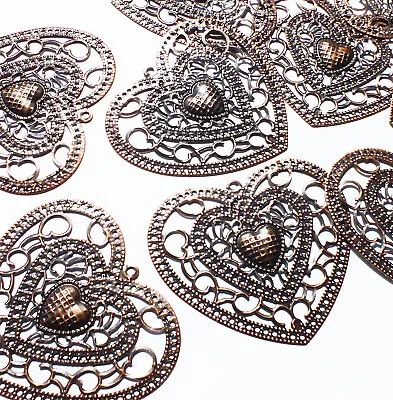10 X Large Filigree Heart Charms Copper Tone Metal Embellishments Wedding 65mm  • £2.69
