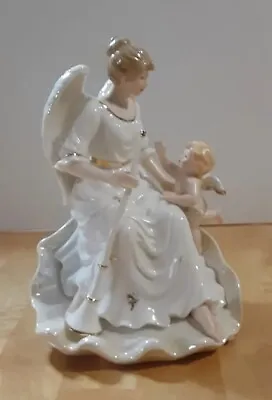 O' Well Angel With Cherub Baby Figurine Gold Trim- Measures 7×9  Ceramic • $28.50