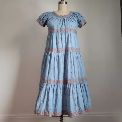 VTG LA PROVENCE DE PIERRE DEUX HAND MADE BLUE COTTON TIERED DRESS W/ PUFFY SLVE • $299