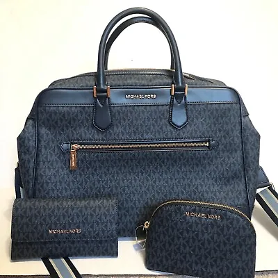 Michael Kors Admiral Blue Travel Large Weekender Bag Set Wallet & Cosmetic Pouch • £361.06
