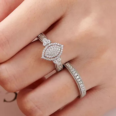 Vintage Halo Engagement Wedding Ring Set Pure Silver Marquise Cut Ring Sets CZ • $40.99