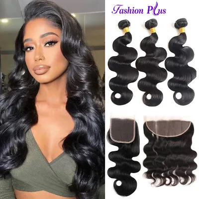 Human Hair Bundles With Frontal Or 4×4 Lace Closure Remy Hair 13×4 Lace Frontal • £167.72