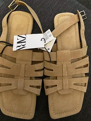 Zara Brown Flat Split Suede Slingback Cage Sandals With Buckle Strappy Size 39 • $45