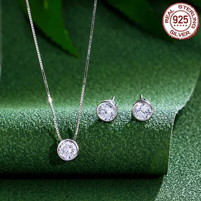 Lovely 925 Sterling Silver Jewelry Round Pendent Necklace Stud Earrings CZ Set • $10.92