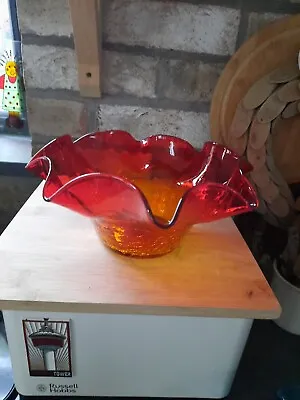 Crackle Glass Ruffle Neck Rim Bowl Orange Red Amberina Colouring • £7.99