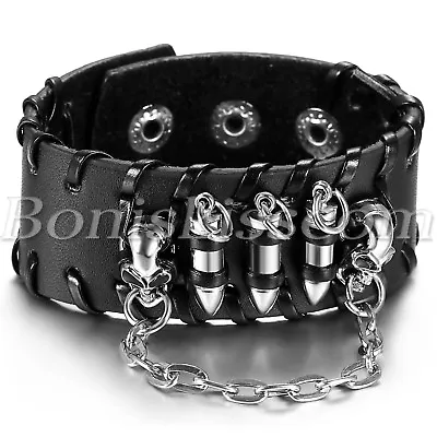 Men's Punk Wide Leather Bracelet Skull Bullet Chain Buckle Bangle Wristband Cuff • $8.99