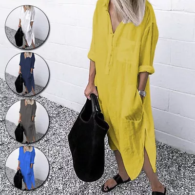 $21.99 • Buy Bohemian Summer Womens Long Sleeve Shirt Dress Ladies Cotton Linen Baggy Dresses