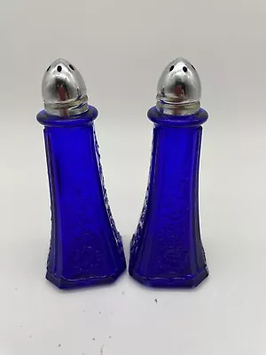  Vintage Cobalt Blue Depression Glass Salt And Pepper Shakers Metal Tops • $17