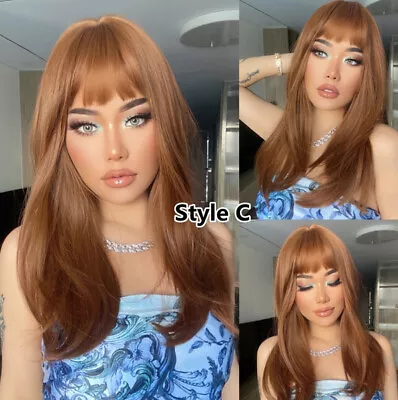 Long Orange Brown Wig With Bangs Natural Long Wavy Wigs For Women Heat Resistant • $16.55