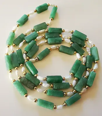 Vintage Jade & Pearl Beaded Long Necklace • $81.88