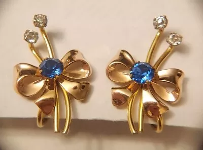 Van Dell 12k Yellow Gold Filled Blue & White Crystal Bowtie Earrings Screw Back  • $25