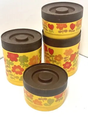 Alladinware Stackable Canister 4 Yellow Floral 1970’s 8 Pcs. Psychedelic Kitchen • $25