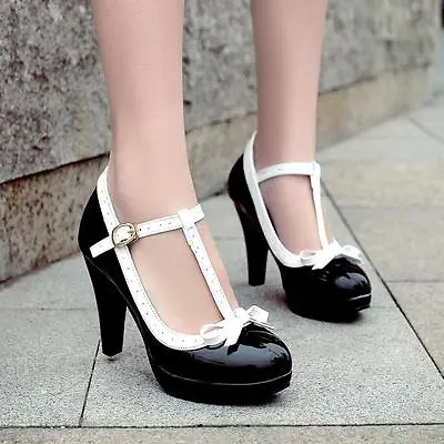 EUR35-47 Women's Bowties T-strap Mary Jane High Heel Sandals Kawaii Lolita Shoes • £28.62