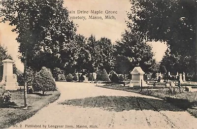 Main Drive Maple Grove Cemetery Mason Michigan MI C1910 Postcard • $11.95