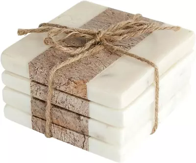 4Pcs Square Marble Coasters With Jute String Glasses And Bar Tools Brown Colored • $26.50