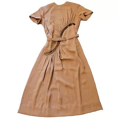 Vtg 40's Tan Designer Jack Stern Orignial Dress Beaded Cinched With Belt READ • $50.99