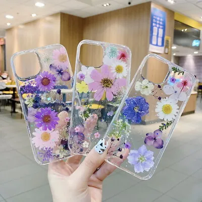 For IPhone 13 Pro Max 12 11 XS XR 7 8 Glitter Real Dried Flower Clear Case Cover • $8.35