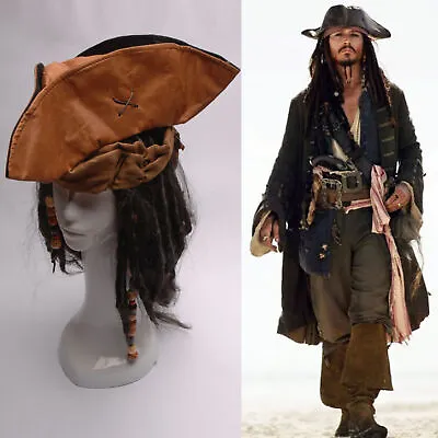 Pirates Of The Caribbean Jack Sparrow Tri Corner Buccaneer Soft Hat Wig Set  • £35.98