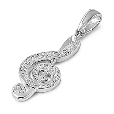 Filigree Swirl Music Note Pendant Clear Simulated CZ .925 Sterling Silver Charm • $19.89