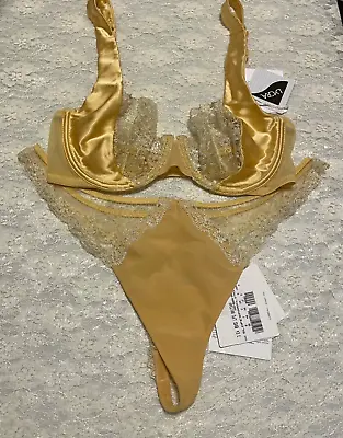 La Perla Sparkling Jasmine 32C S Balconette Bra Thong Set Yellow Gold • $169.99