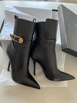 $900 • Buy Versace High Heels Black Calf Leather Medusa Booties Size 39 Or 9 US Size NWB