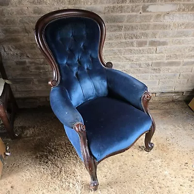 Blue Chesterfield High Back King Style Velvet Armchair With Wooden Frame • £38