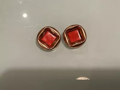 Vintage Matisse Copper & Red Enamel Clip Earrings Large Square • $7
