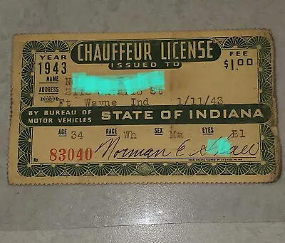 1943 Vintage Indiana Chauffeur License Blocked Name On Photo • $12.99