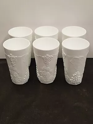 Set Of 6 Milk Glass TUMBLERS ~ Indiana Harvest Grape ~ 16 Oz. Water Glass ~ Vtg. • $22.50