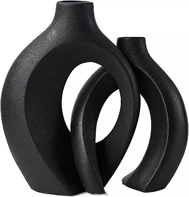 Black Hollow Ceramic Vase Set Of 2 Snuggle Round Boho Donut Modern Vase Nordic  • $42.61