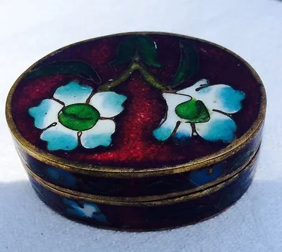 Vintage Cloisonne Trinket Vanity Box Oval Shape Burgandy W/floral Detail • $22